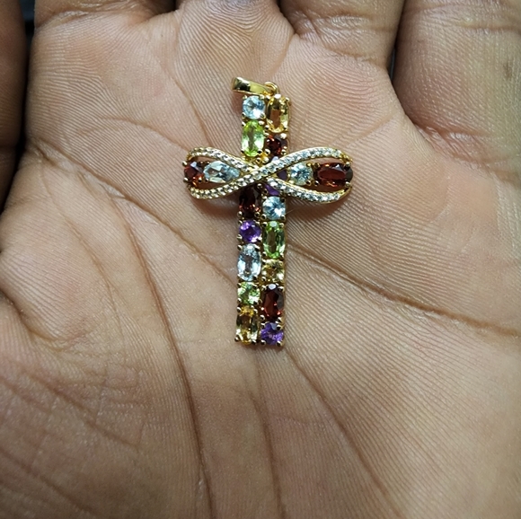 18k on SS multi gem cross pendant - Picture 3 of 3